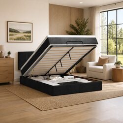 Ottoman Bed with Pocket Spring Mattress Queen Size Black Fabric Storage Lift