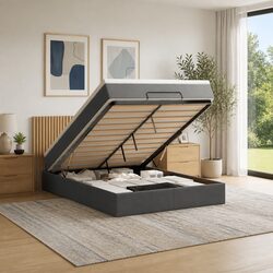 Ottoman Bed with Mattress Queen Size Grey Fabric Storage Lift Hydraulic Base
