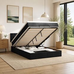 Ottoman Bed with Pocket Spring Mattress Queen Size Black Fabric Storage Lift