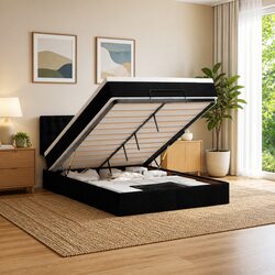 Double Ottoman Bed with Pocket Spring Mattress Black Fabric Storage Lift Base