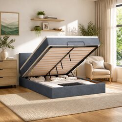 Ottoman Bed Double Grey Velvet with Pocket Spring Mattress Storage Lift Base