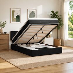 Ottoman Bed Queen Black Velvet with Mattress Storage Lift Mechanism Frame Bed