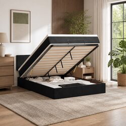 Ottoman Storage Bed Double with Pocket Spring Mattress Black Velvet Upholstered