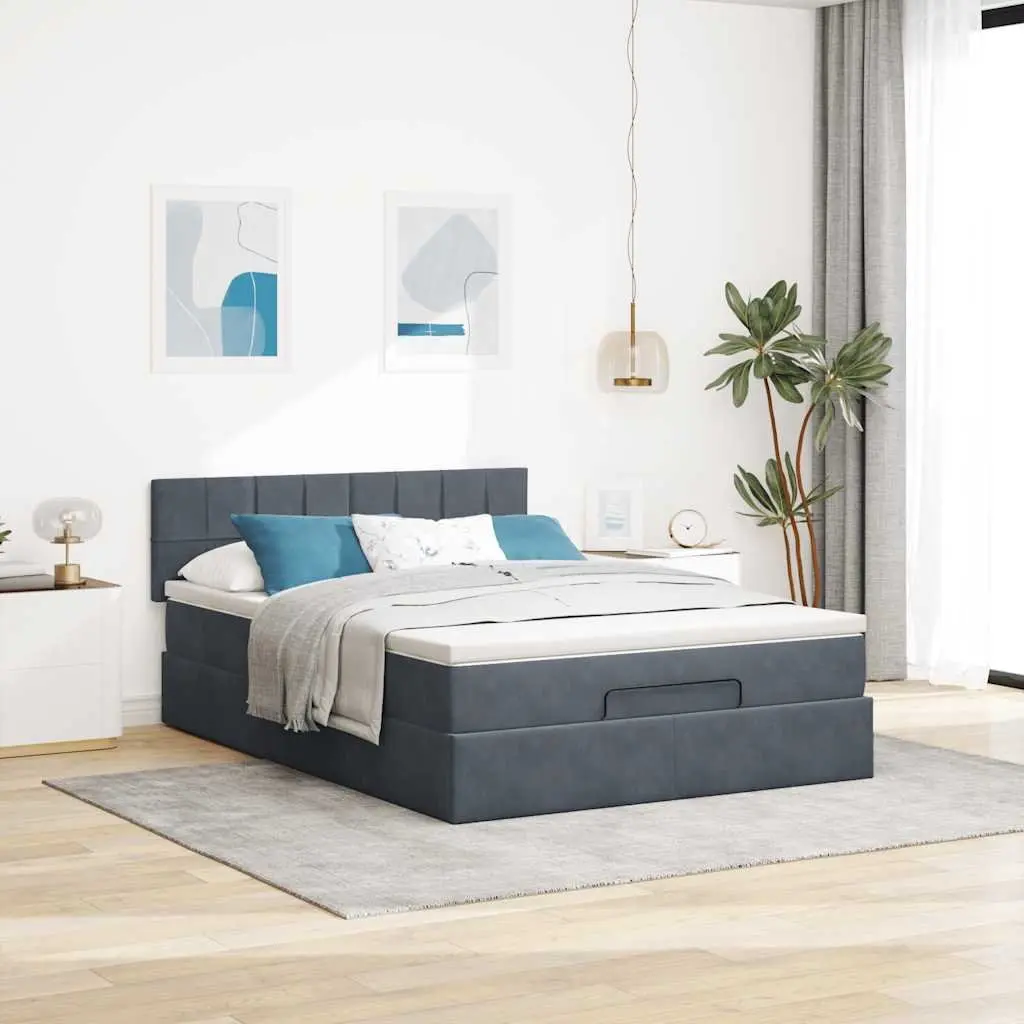 Queen Ottoman Bed Grey Velvet with Pocket Spring Mattress and Hydraulic Lift Storage