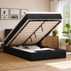Ottoman Bed with Mattress King Single Black Velvet Storage Lift Frame
