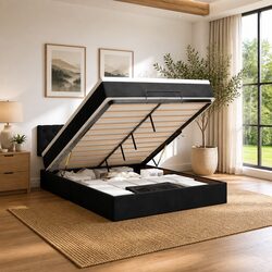 Double Ottoman Bed with Pocket Spring Mattress Black Velvet Storage Lift Base