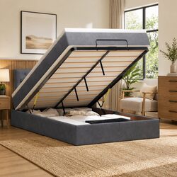Ottoman Bed with Mattress King Single Grey Velvet Storage Lift Mechanism
