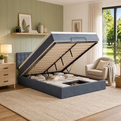 Double Ottoman Bed with Pocket Spring Mattress Grey Velvet Storage Lift