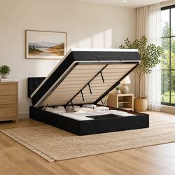 Double Ottoman Bed with Pocket Spring Mattress Black Velvet Storage Lift Base