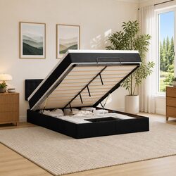 Queen Ottoman Bed with Pocket Spring Mattress Black Velvet Storage Lift
