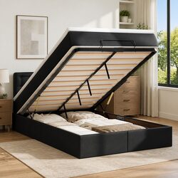 Ottoman Bed with Pocket Spring Mattress LED Lights Under-Bed Storage King