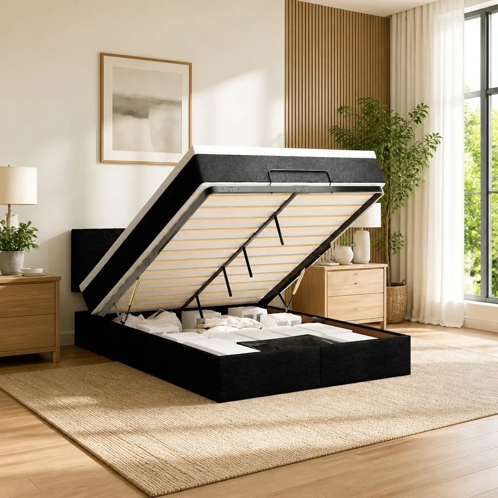 Double Ottoman Bed Pocket Spring Mattress Hydraulic Lift Storage Black Fabric