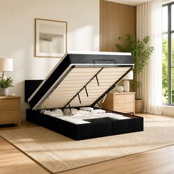 Double Ottoman Bed with Pocket Spring Mattress LED Lights Storage Black Fabric