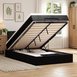 Ottoman Bed King Single Black Fabric with Pocket Spring Mattress LED Lights