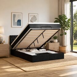 Double Ottoman Bed with Pocket Spring Mattress LED Lights Storage Black Fabric