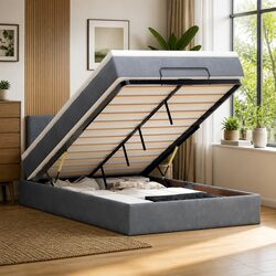 Ottoman Bed King Single with Pocket Spring Mattress LED Lights Grey Velvet