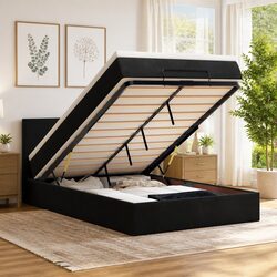 Ottoman Bed with Pocket Spring Mattress LED Lights Storage Black King Single