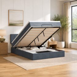 Double Ottoman Bed with Pocket Spring Mattress Storage LED Lights Grey Velvet