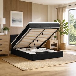 Queen Ottoman Bed with Pocket Spring Mattress LED Lights Storage Black Velvet
