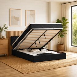 Queen Ottoman Bed with Pocket Spring Mattress LED Lights Black Velvet Storage