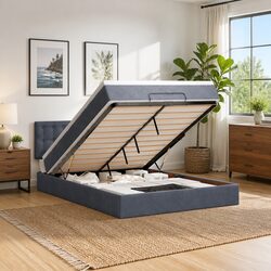 Queen Ottoman Storage Bed with Pocket Spring Mattress LED Lights Grey Velvet