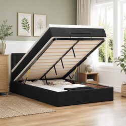 Ottoman Bed King Single with Pocket Spring Mattress LED Lights Black Velvet