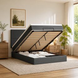 Ottoman Bed Queen Grey Upholstered Frame with Pocket Spring Mattress Storage