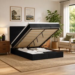 Ottoman Bed Queen Black Fabric with Mattress Storage Lift Mechanism