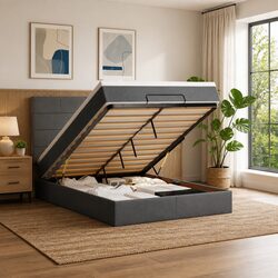 Ottoman Bed Double Grey Fabric with Mattress Storage Hydraulic Lift Frame