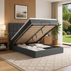 Ottoman Bed with Mattress Queen Size Grey Fabric Storage Lift Slat Base