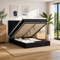 Ottoman Bed Queen with Pocket Spring Mattress Black Fabric Storage Lift