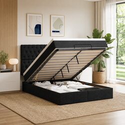 Ottoman Storage Bed with Pocket Spring Mattress Double Black Fabric Lift Base