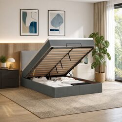 Ottoman Bed Queen with Pocket Spring Mattress Grey Storage Furniture Bedroom