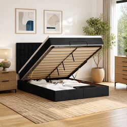 Double Ottoman Bed with Pocket Spring Mattress Black Fabric Storage Bedroom