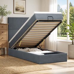 Ottoman Bed with Mattresses Grey Double Velvet Storage Lift-Up Frame Slats