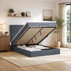 Queen Ottoman Bed with Pocket Spring Mattresses Grey Velvet Storage Lift