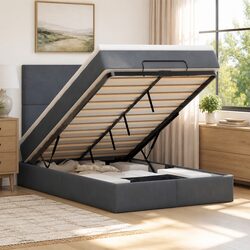 Ottoman Bed King Single with Mattresses Grey Velvet Upholstered Storage Frame