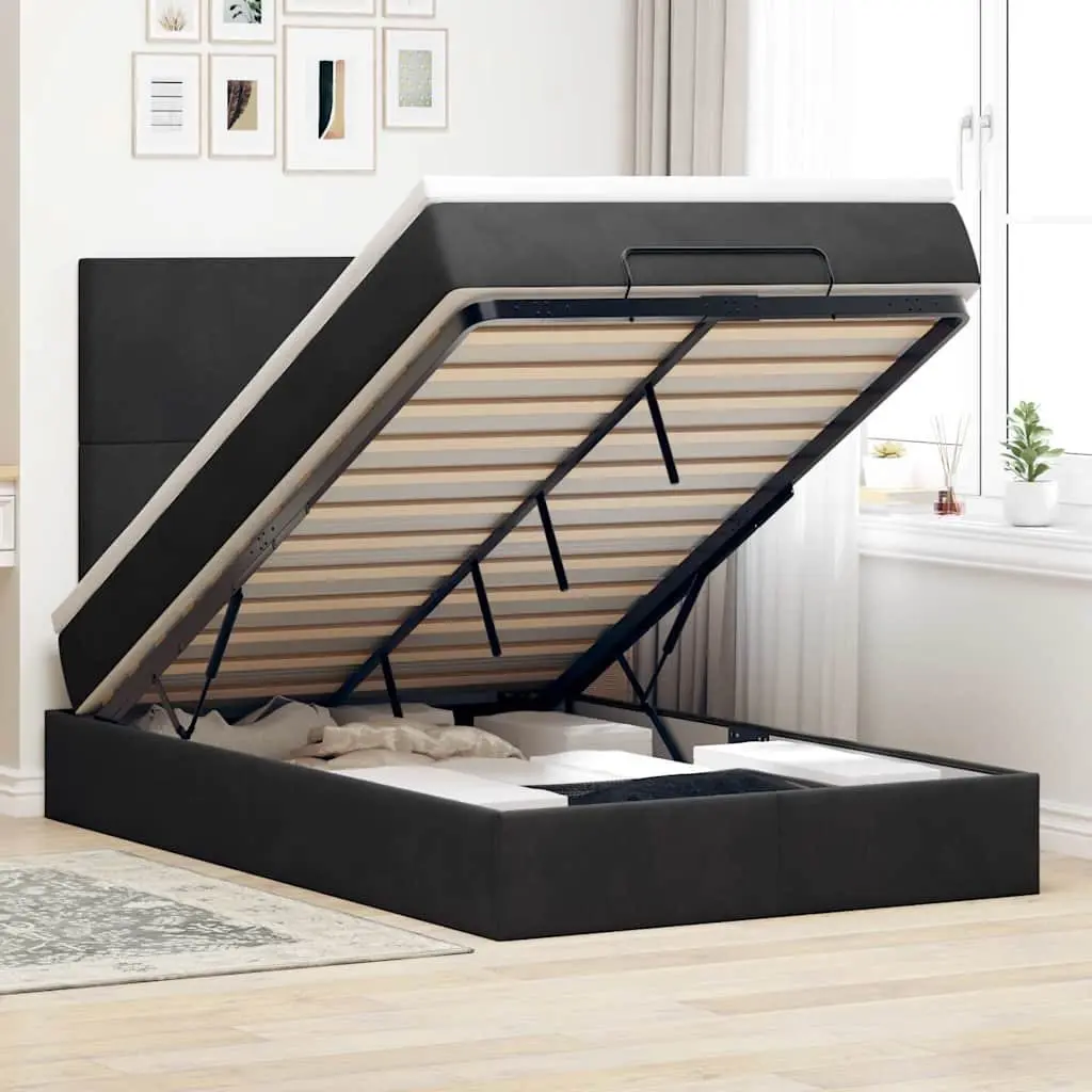 Ottoman Bed with Mattresses King Single Black Velvet Storage Lift Base