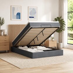 Ottoman Bed Double Grey Velvet with Mattresses and Storage Lift Base