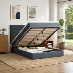 Ottoman Storage Bed Queen with Pocket Spring Mattress Grey Velvet Upholstered