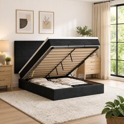 Ottoman Bed Queen Size Black Velvet with Pocket Spring Mattresses Storage Lift