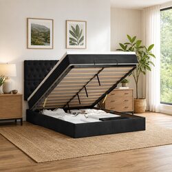 Queen Ottoman Bed with Pocket Spring Mattress Black Velvet Storage Lift