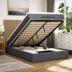 Ottoman Bed with Mattresses King Single Grey Velvet Storage Lift-Up Frame
