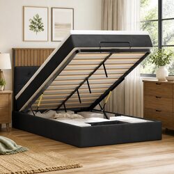 Ottoman Bed with Mattresses King Single Black Velvet Storage Lift-Up Frame