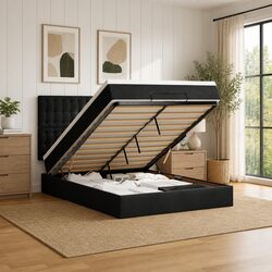 Ottoman Bed Queen with Pocket Spring Mattress Storage Black Velvet Upholstered