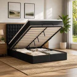 Ottoman Bed Queen Black Faux Leather with Pocket Spring Mattress LED Lights