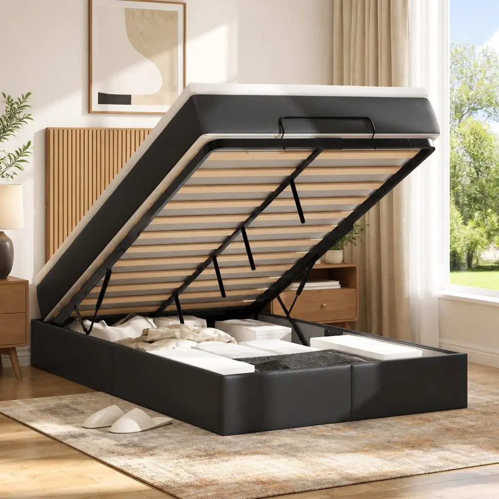 Ottoman Bed King Single with Pocket Spring Mattress LED Lights Black Faux