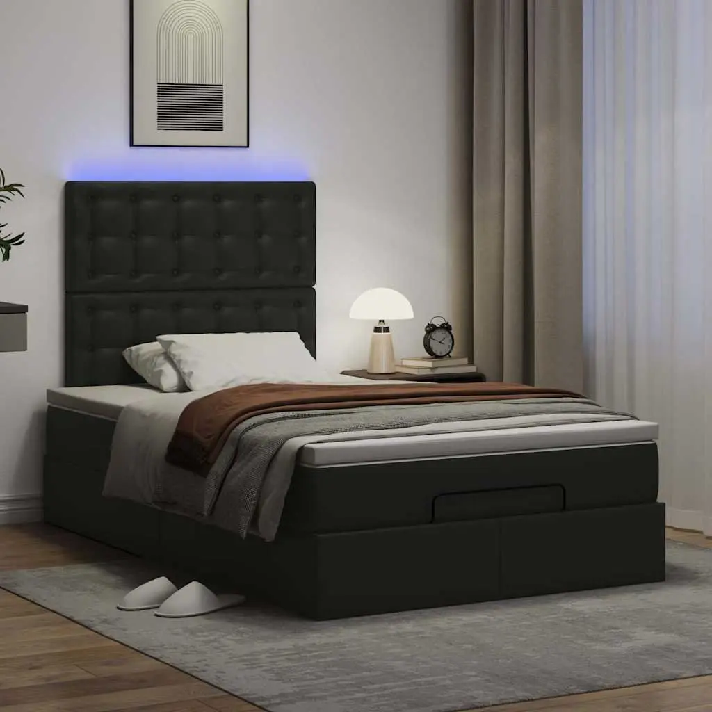 Ottoman Bed King Single with Pocket Spring Mattress LED Lights Black Faux