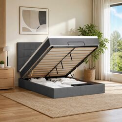 Ottoman Storage Bed Queen Mattress LED Lights Upholstered Grey Fabric Frame