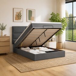 Ottoman Bed with Pocket Spring Mattress LED Lights Storage Queen Grey Fabric
